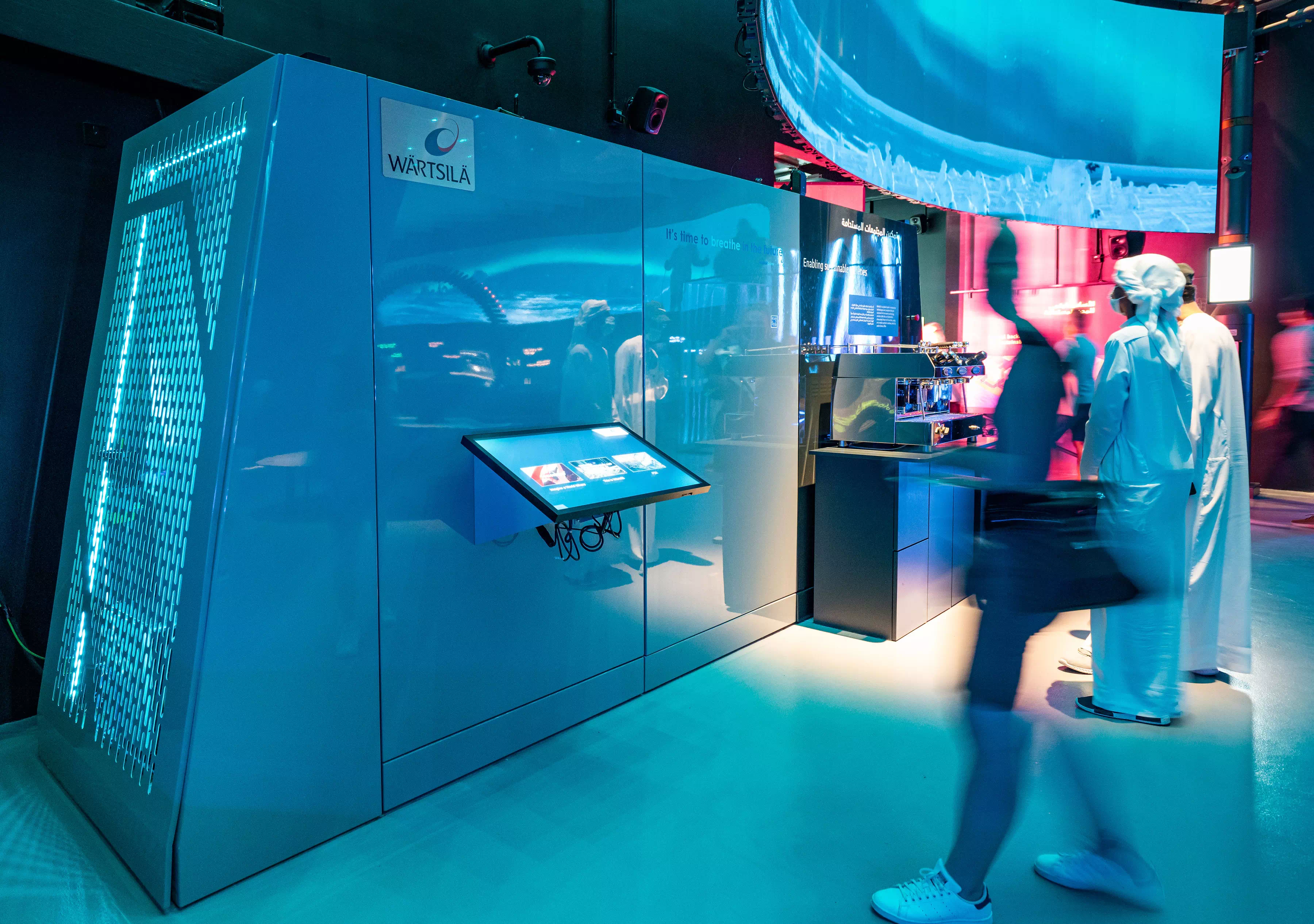 Soletair Power Power to X unit demonstrating fuel out of thin air at Finland Pavilion Expo 2020 Dubai Blue Power to X unit at Finland Pavilion Expo 2020 Dubai