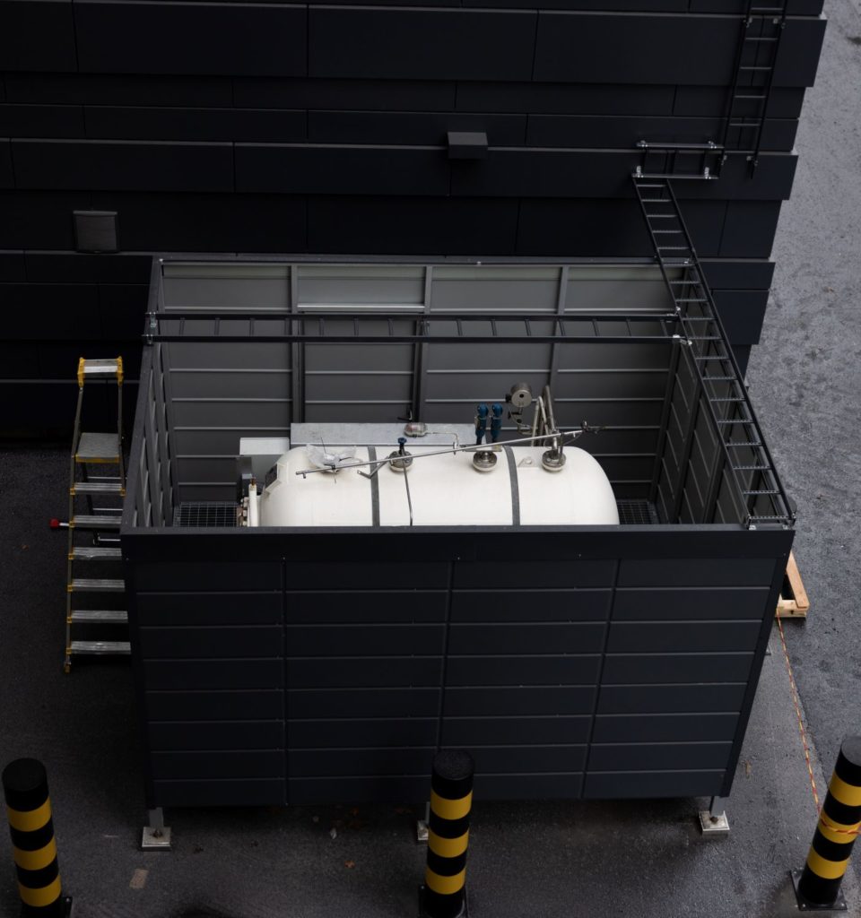 Large CO2 storage container for storing captured CO2 using Soletair Power's system at Wärtsilä Sustainable Technology Hub, Vaasa, Finland.